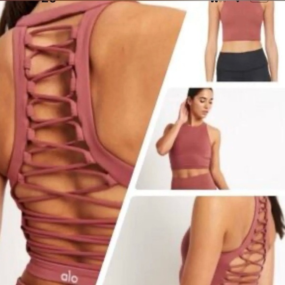 Alo shoelace long tank bra size medium peachy pink color - Picture 1 of 8